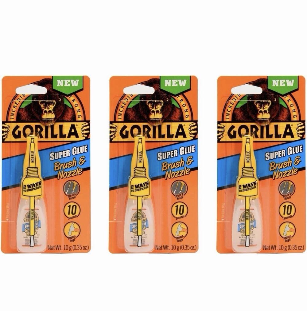 3 PACK Gorilla Super Glue Brush & Nozzle: 10 grams Each (Clear)